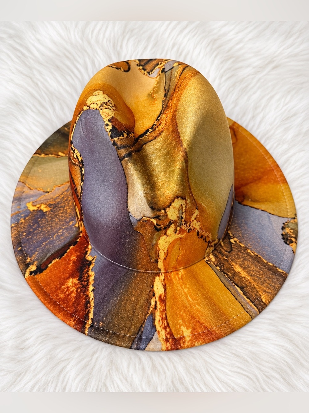 Abstract Marbled Wide Brim Fedora Hat – Gold Brown Gray Statement Hat